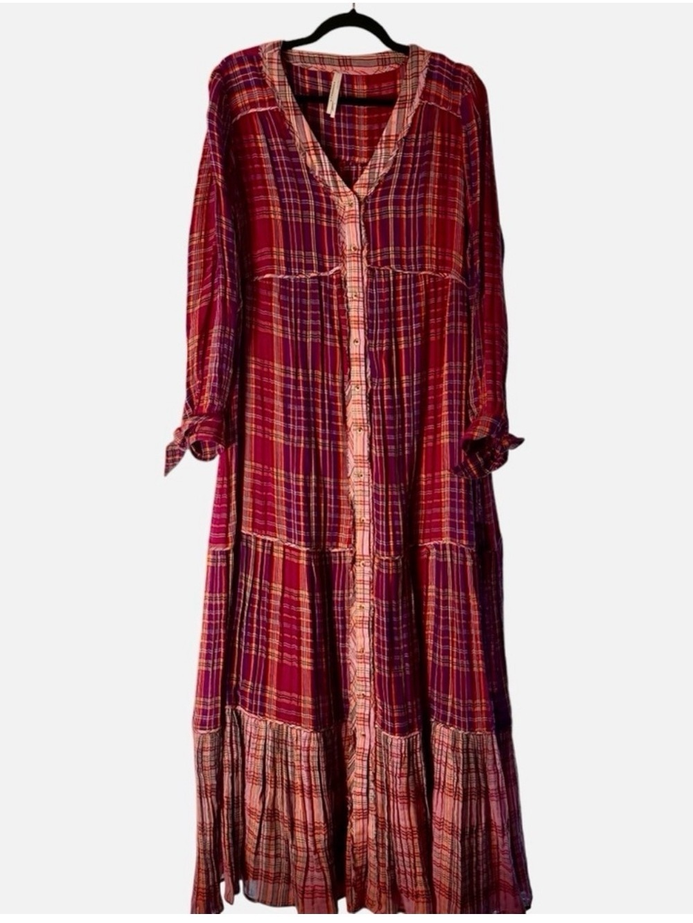 Anthropologie Red Plaid Button-Front Maxi Dress